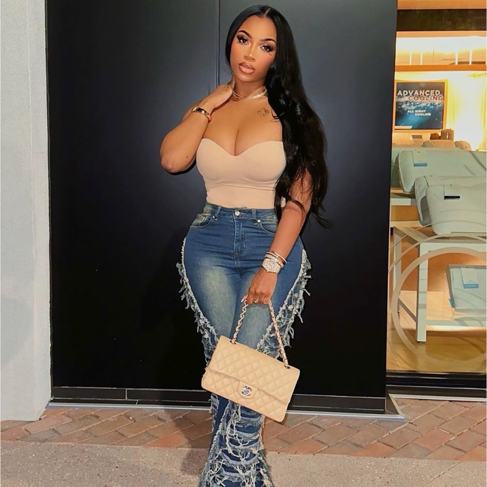 Fashion Nova Blue Distressed Flare Jeans